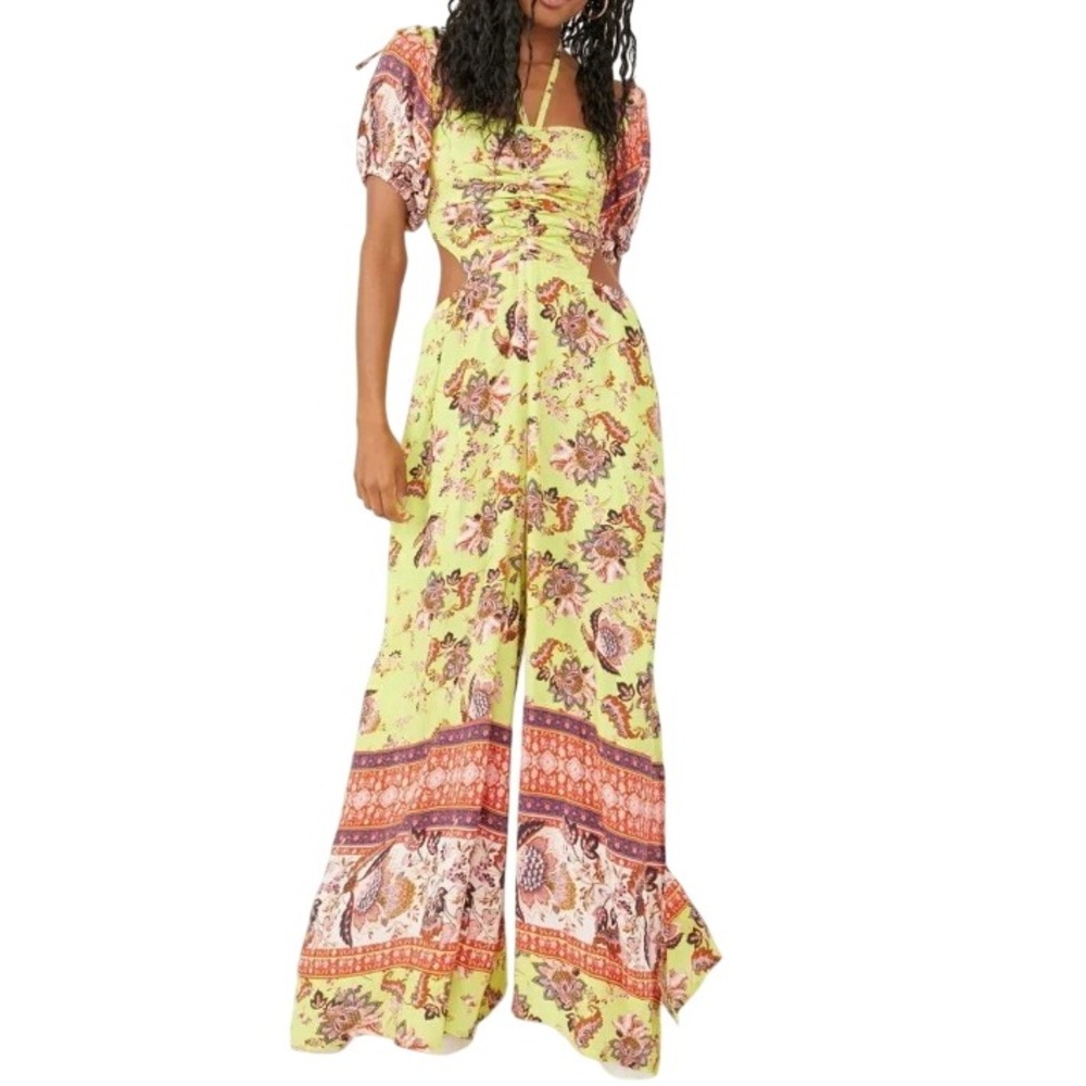 Free People Womens XS Lime Combo Bali Citrus Skies One Piece Halter‎ Jumpsuit